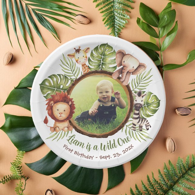 Wild One Photo Jungle Animals Leaves 1st Birthday  Paper Plates (Creator Uploaded)