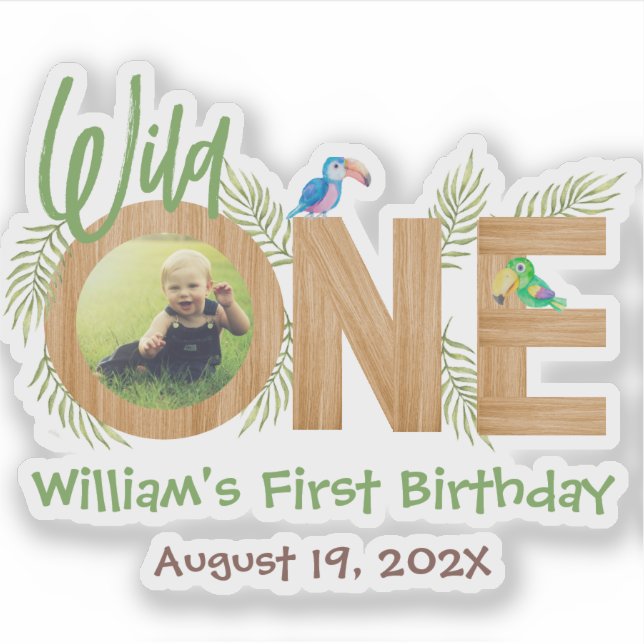Wild One Photo Jungle Leaves Parrots Wood Letters  Sticker (Front)