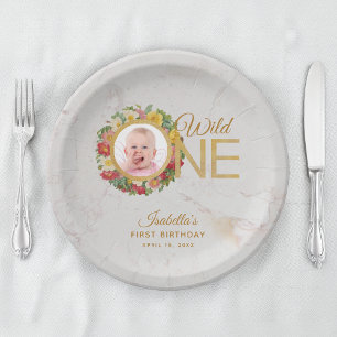Wild One Photo Rose Wreath First Birthday Marble Paper Plates