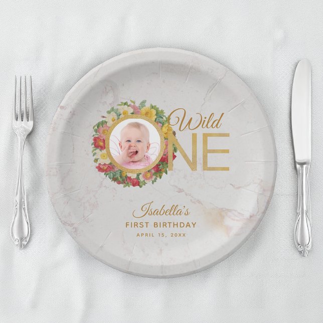 Wild One Photo Rose Wreath First Birthday Marble Paper Plates (Creator Uploaded)
