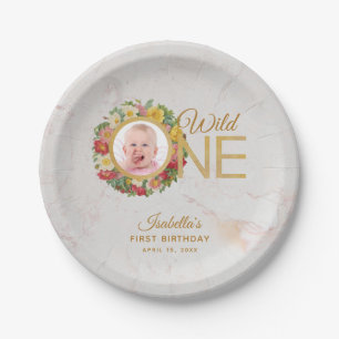 Wild One Photo Rose Wreath First Birthday Marble Paper Plates
