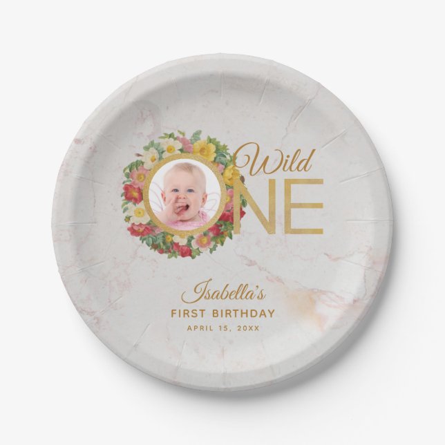 Wild One Photo Rose Wreath First Birthday Marble Paper Plates (Front)