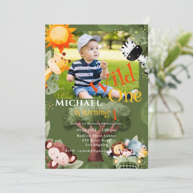 Wild One Photo Safari Animals Birthday Party Invitation (Standing Front)