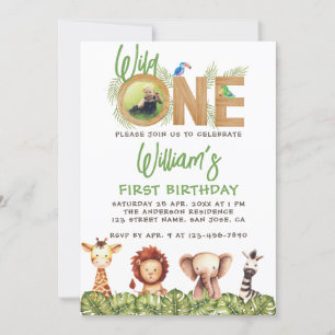 Wild One Photo Safari Animals Wood 1st Birthday In Invitation