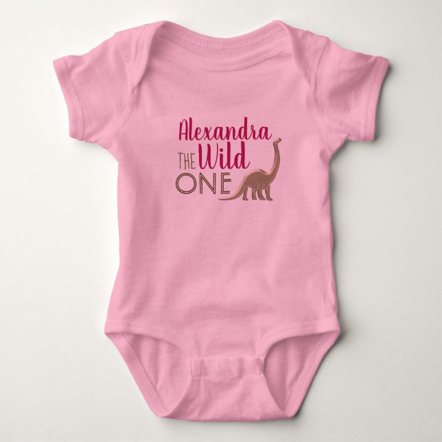 Wild One Pink and Gold Dinosaur 1st Birthday Baby Bodysuit (Front)