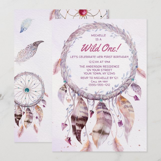 Wild One Pink Boho Dreamcatcher Birthday Invitation (Front/Back)