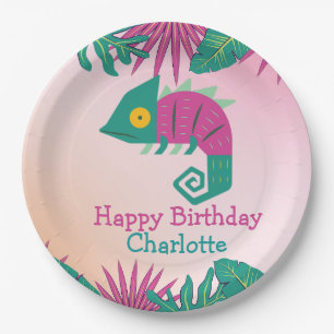 Wild One Pink chameleon jungle 1st Animal Birthday Paper Plates