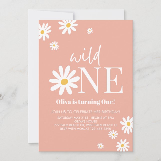 Wild One Pink Daisy 1st Birthday Invitation (Front)