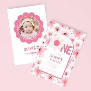 Wild One Pink Daisy Birthday Photo Invitation