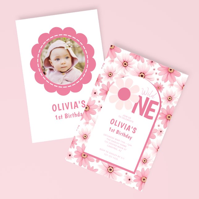 Wild One Pink Daisy Birthday Photo Invitation (Creator Uploaded)