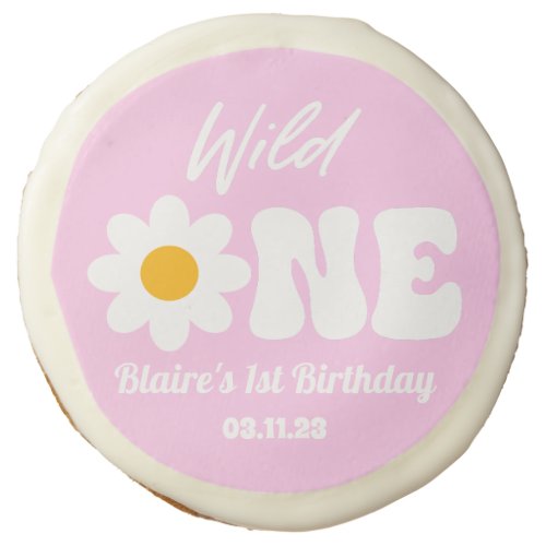 Wild ONE Pink Daisy Retro 1st First Birthday Party Sugar Cookie