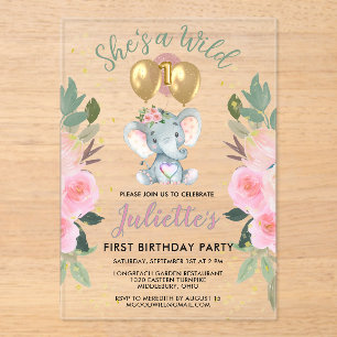 Wild One Pink Girl Elephant First Birthday Acrylic Invitations