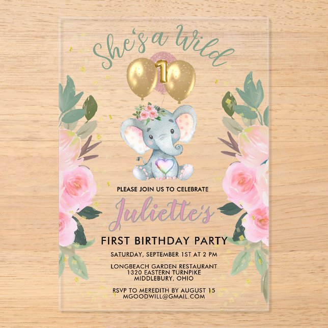 Wild One Pink Girl Elephant First Birthday  Acrylic Invitations (Front)