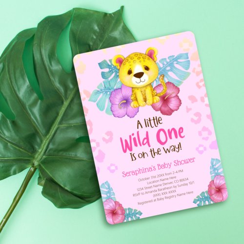 Wild One Pink Girly Leopard Safari Baby Shower Invitation