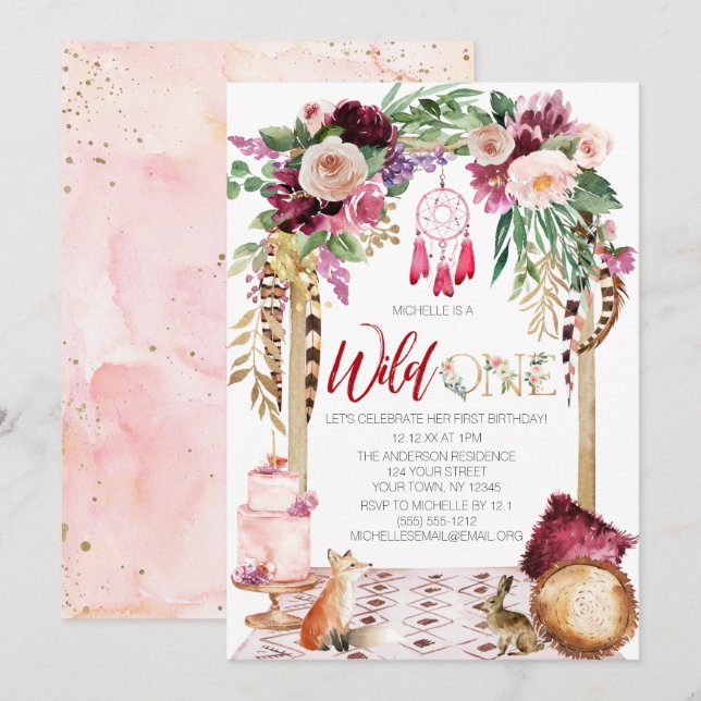 Wild One Pink Gold Boho Dream Catcher Birthday Invitation (Front/Back)