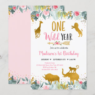 Wild One Pink Gold Greenery Safari Birthday Invitation