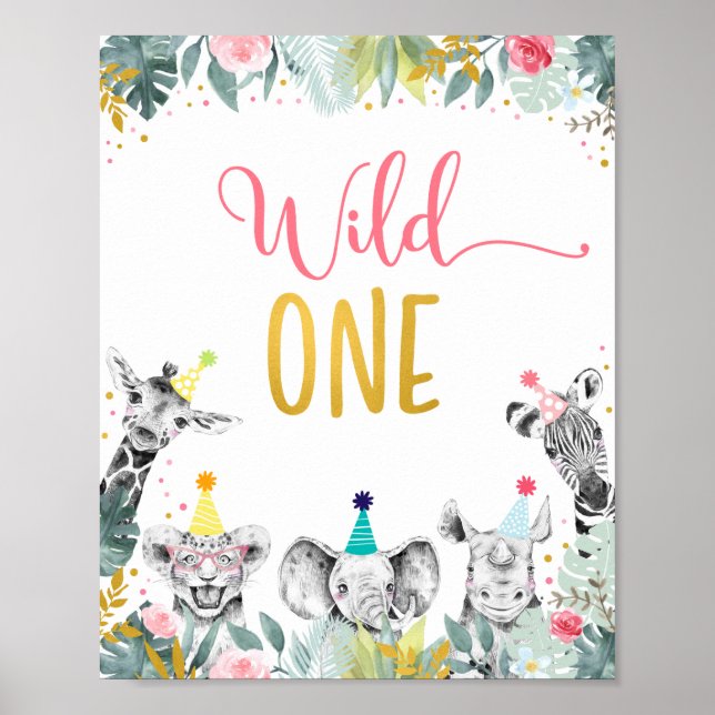 Wild One Pink Gold Party Animal Birthday Sign (Front)