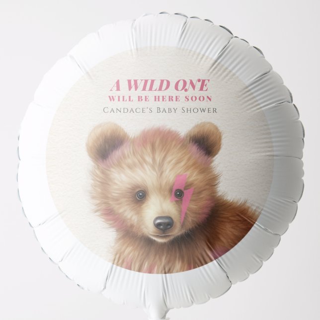 Wild One Pink Hair Bear Baby Shower Balloon (Front)