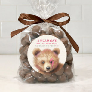 Wild One Pink Hair Bear Baby Shower Classic Round Sticker