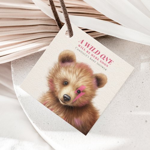 Wild One Pink Hair Bear Baby Shower Favor Tags