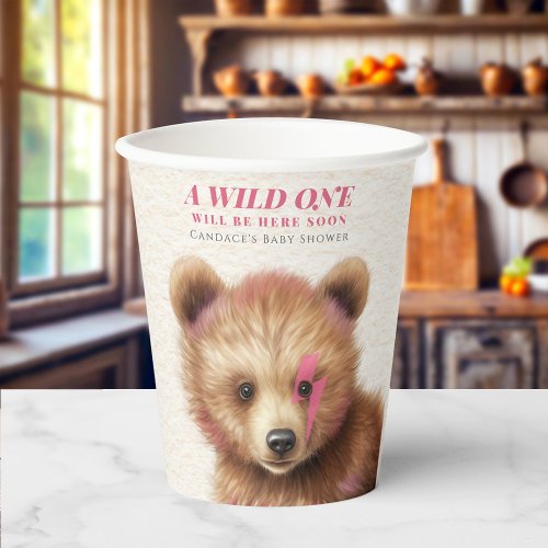 Wild One Pink Hair Bear Baby Shower Paper Cups