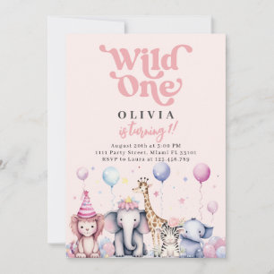 Wild One Pink Jungle Safari Animals Girl Birthday Invitation