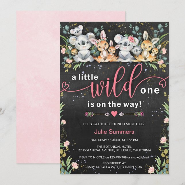 Wild One Pink Koala Kangaroo Baby Shower Invitation (Front/Back)