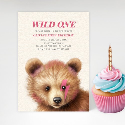 Wild One Pink Lightning Bolt Cub Birthday Party Invitation