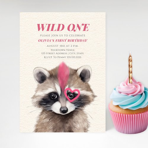 Wild One Pink Mohawk Raccoon 1st Birthday Party Invitation