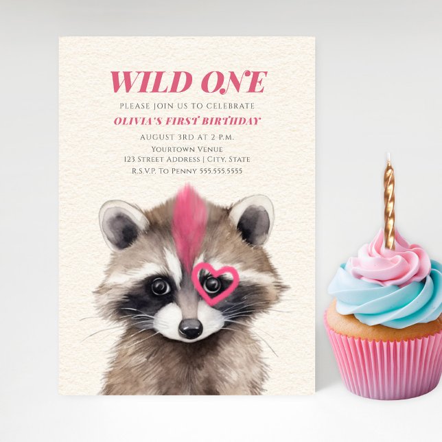 Wild One Pink Mohawk Raccoon 1st Birthday Party Invitation (Creator Uploaded)