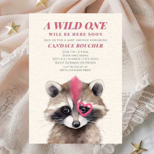 Wild One Pink Mohawk Raccoon Baby Shower Invitation