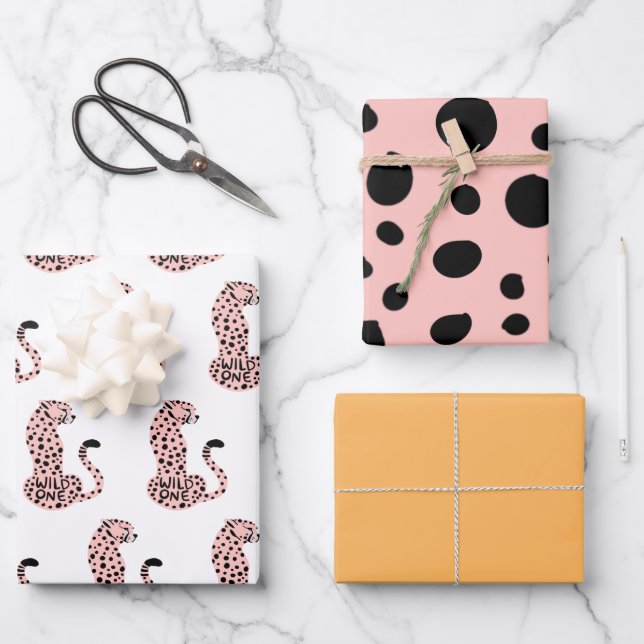 Wild One Pink Orange Leopard Print First Birthday  Wrapping Paper Sheets (Front)