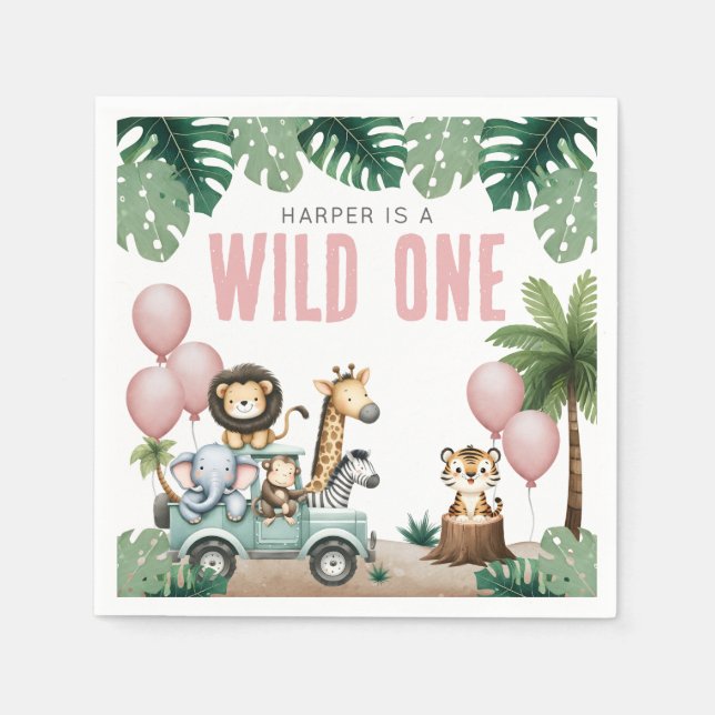 Wild One Pink Safari 1st Birthday Napkins (Front)