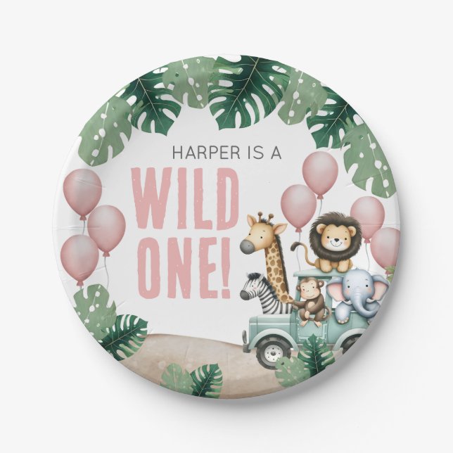 Wild One Pink Safari 1st Birthday Paper Plates (Front)