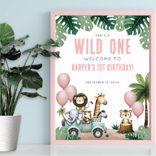 Wild One Pink Safari 1st Birthday Welcome Poster