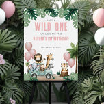 Wild One Pink Safari 1st Birthday Welcome Sign<br><div class="desc">Welcome your guests in style with this Wild One party sign, redesigned with a sweet, girly look perfect for a little girl’s first birthday. The front features soft pink balloons for a cheerful, playful feel, paired with a welcoming message or Name Is A Wild One! The text is shown in...</div>