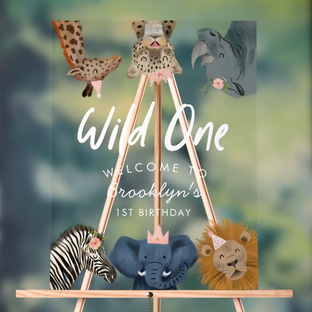 Wild One Pink Safari Birthday Welcome Acrylic Sign (Neutral)