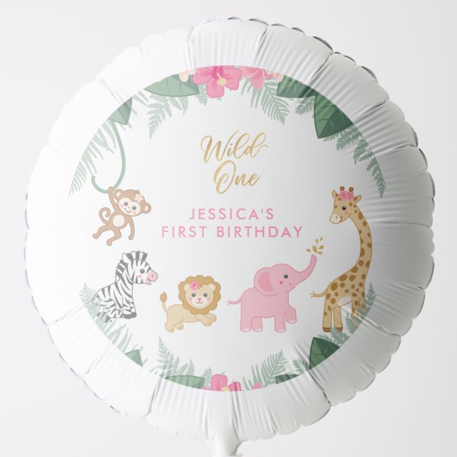 Wild ONE - Pink Safari Girl's FIRST Birthday Balloon (Front)