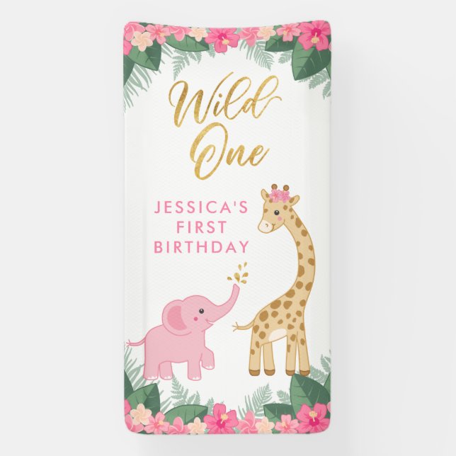 Wild ONE - Pink Safari Girl's FIRST Birthday Banner (Vertical)
