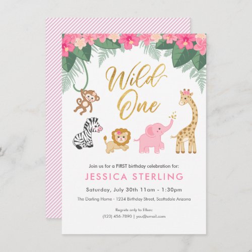 Wild ONE _ Pink Safari Girls FIRST Birthday Invitation