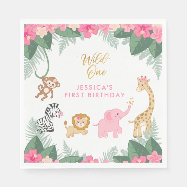 Wild ONE - Pink Safari Girl's FIRST Birthday Napkins (Front)
