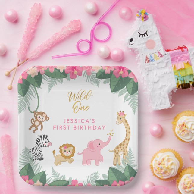 Wild ONE - Pink Safari Girl's FIRST Birthday Paper Plates (Party)