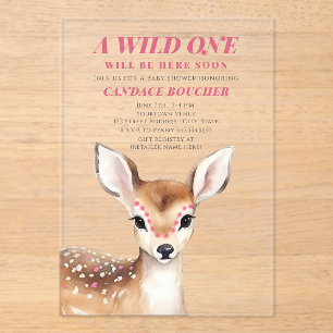 Wild One Pink Spotted Fawn Deer Baby Shower Acrylic Invitations
