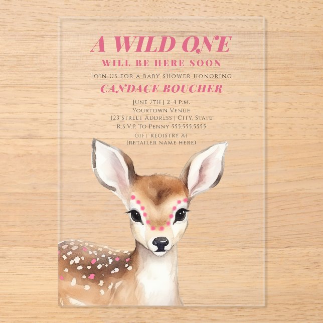 Wild One Pink Spotted Fawn Deer Baby Shower Acrylic Invitations (Front)