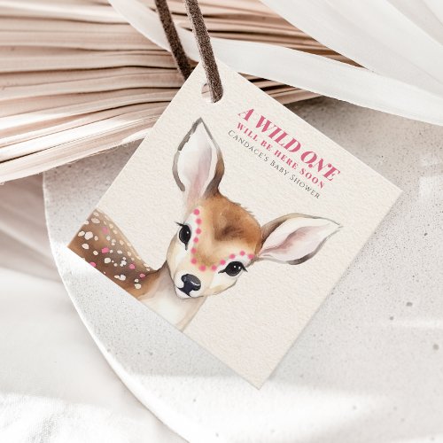 Wild One Pink Spotted Fawn Deer Baby Shower Favor Tags