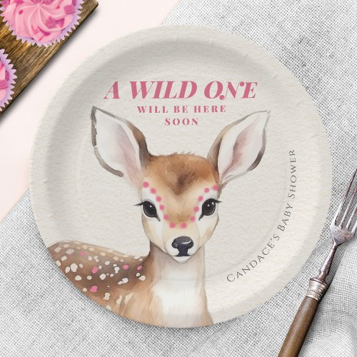 Wild One Pink Spotted Fawn Deer Baby Shower Paper Plates