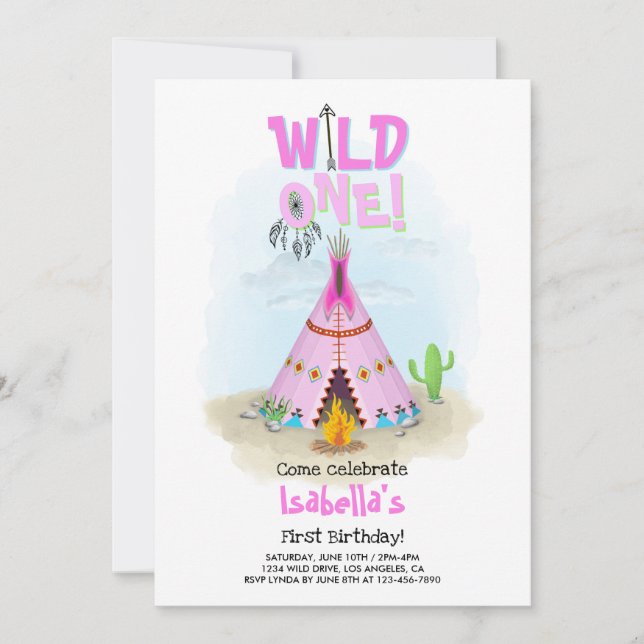 Wild One Pink Tribal Teepee Girl Birthday Invitation (Front)