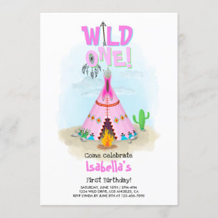 Wild One Pink Tribal Teepee Girl Birthday Invitation