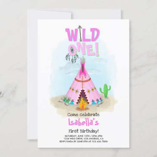 Wild One Pink Tribal Teepee Girl Birthday Invitation