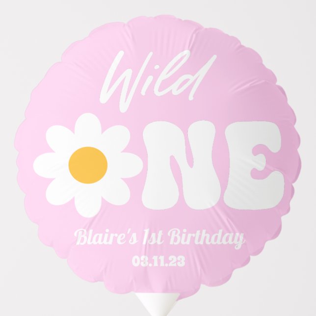 Wild One Pink White Daisy Retro 1st First Birthday Balloon (Front)